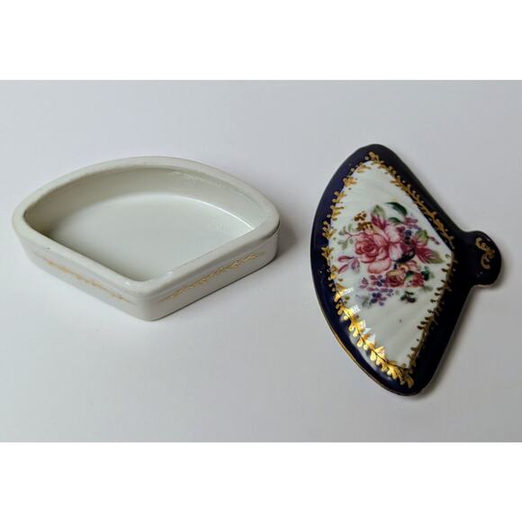 Vtg Norleans Japan Fan Trinket Box 3.5x2.5" Porcelain Floral Cobalt Blue Gold - Picture 4 of 9